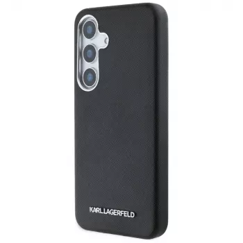 Karl Lagerfeld Saffiano FullWrapped Elongated Metal Logo MagSafe Dėklas, skirtas Samsung Galaxy S25, Juodas