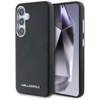 KARL LAGERFELD Saffiano FullWrapped Elongated Metal Logo MagSafe Case for Samsung Galaxy S25+, Black