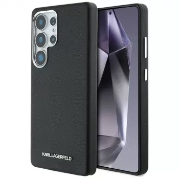 Karl Lagerfeld Saffiano Full-Wrapped Elongated Metal Logo MagSafe dėklas, skirtas Samsung Galaxy S25 Ultra, juodas