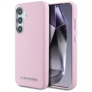 Karl Lagerfeld Saffiano FullWrapped Elongated Metal Logo MagSafe Dėklas Samsung Galaxy S25+ Rožinis