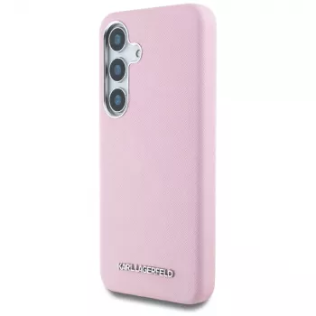 Karl Lagerfeld Saffiano FullWrapped Elongated Metal Logo MagSafe Dėklas Samsung Galaxy S25+ Rožinis