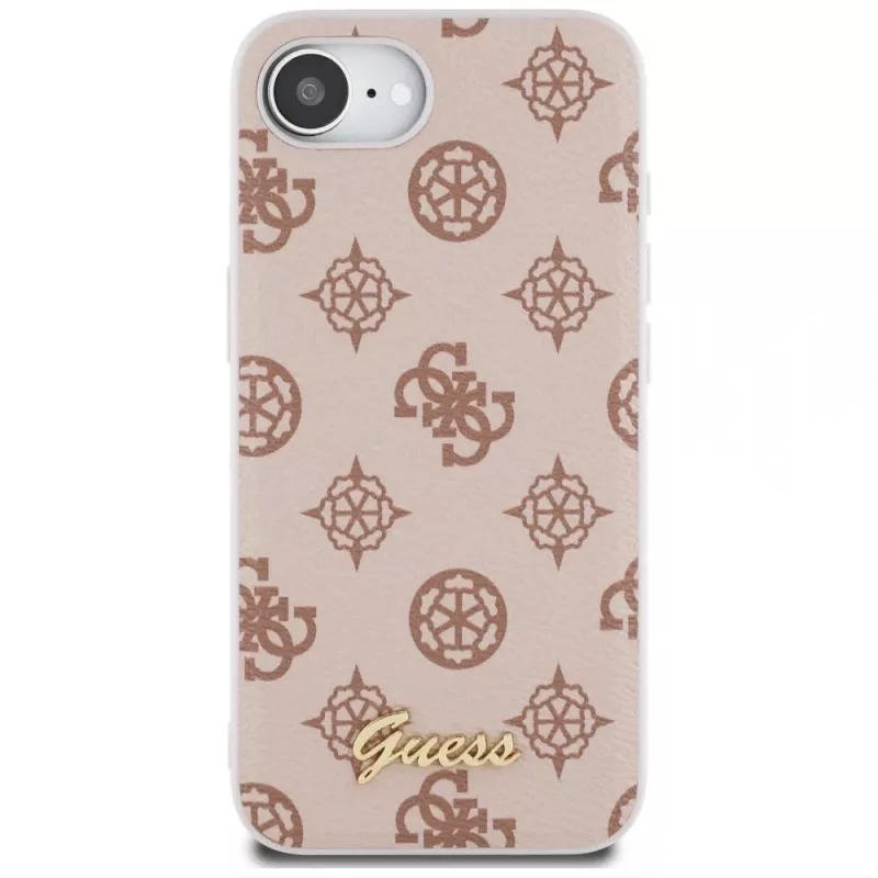 Guess Peony Script Logo MagSafe dėklas, skirtas iPhone 16e / 17e, ruda spalva