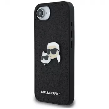Karl Lagerfeld Fixed Glitter Karl & Choupette Heads Metal Pin Case, skirta Apple iPhone 16e (juoda)