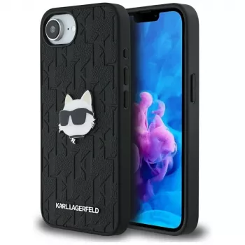 KARL LAGERFELD Monogram Choupette Head Pin Case, skirta iPhone 16e / 17e, juoda