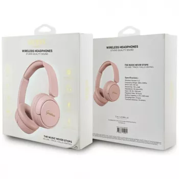 Guess Metal Logo Script belaidės Bluetooth 5.3 ausinės ant ausų (rožinės spalvos)