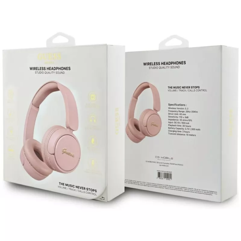 Guess Metal Logo Script belaidės Bluetooth 5.3 ausinės ant ausų (rožinės spalvos)