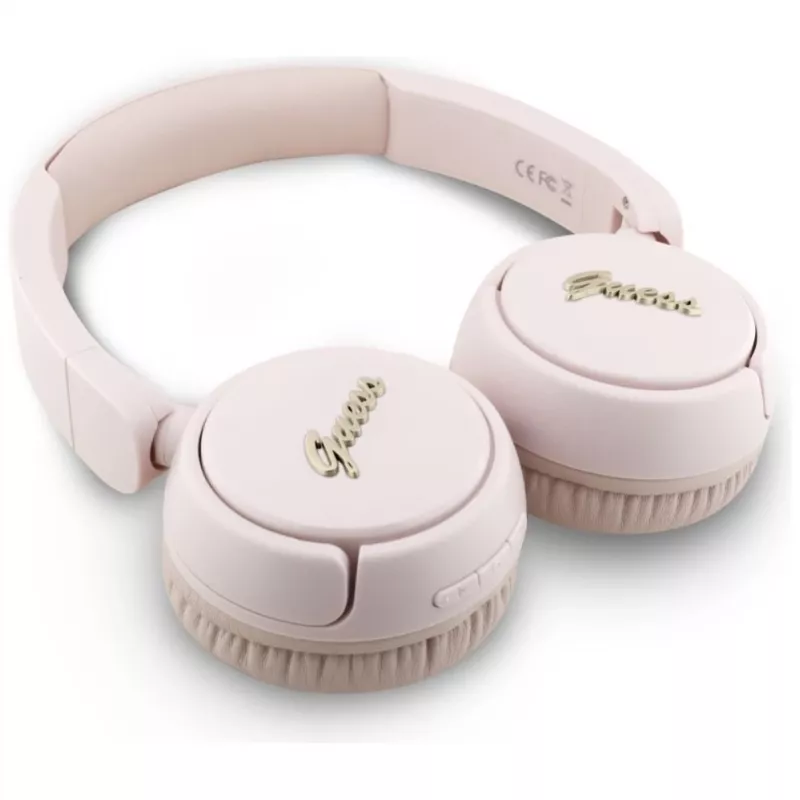 Guess Metal Logo Script belaidės Bluetooth 5.3 ausinės ant ausų (rožinės spalvos)