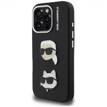 KARL LAGERFELD FW Grūdėtas Karl & Choupette Galvučių Smeigtukų Dėklas, iPhone 16 Pro, Juodas