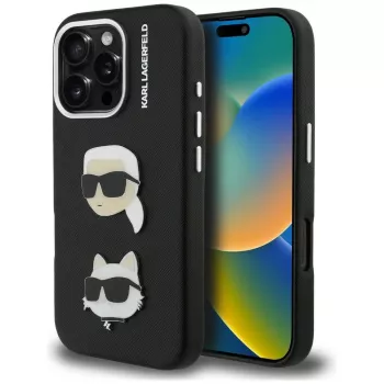 KARL LAGERFELD FW Grained Karl & Choupette Heads Pins Dėklas, skirtas iPhone 16 Pro Max, juodas