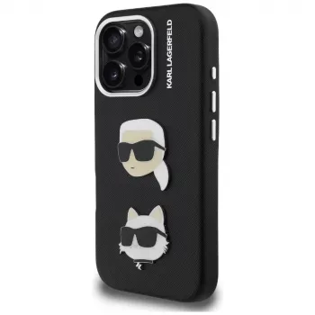 KARL LAGERFELD FW Grained Karl & Choupette Heads Pins Dėklas, skirtas iPhone 16 Pro Max, juodas
