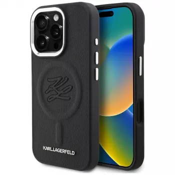 Karl Lagerfeld Initial & Metal Logo MagSafe Dėklas, skirtas iPhone 16 Pro, juodas