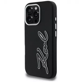Karl Lagerfeld FW Grained Signature Logo Dėklas, skirtas iPhone 16 Pro, juodas