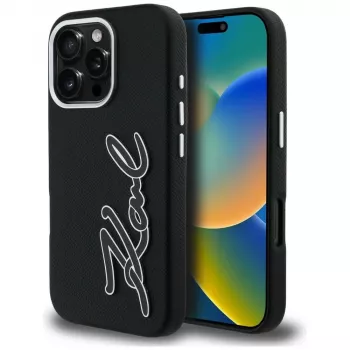 KARL LAGERFELD FW Grained Signature Logo Case, iPhone 16 Pro Max, juoda