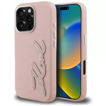 KARL LAGERFELD FW Grained Signature Logo Dėklas, skirtas iPhone 16 Pro Max, rožinis