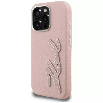 KARL LAGERFELD FW Grained Signature Logo Dėklas, skirtas iPhone 16 Pro Max, rožinis