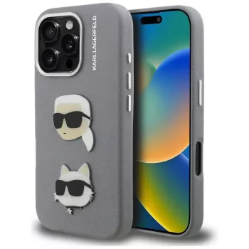 Karl Lagerfeld FW Grained Karl & Choupette Heads Pins Dėklas, skirtas iPhone 16 Pro, pilkas