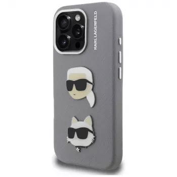 Karl Lagerfeld FW Grained Karl & Choupette Heads Pins Dėklas, skirtas iPhone 16 Pro, pilkas
