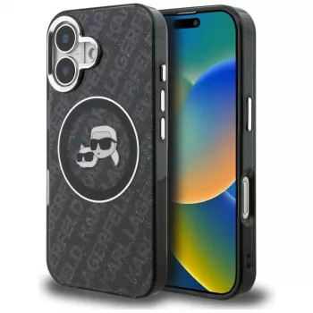 Karl Lagerfeld IML Glitter Karl & Choupette Heads Logo MagSafe Dėklas, skirtas iPhone 16, Juodas
