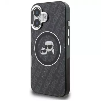Karl Lagerfeld IML Glitter Karl & Choupette Heads Logo MagSafe Dėklas, skirtas iPhone 16, Juodas