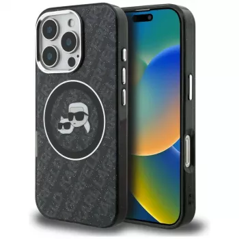 Karl Lagerfeld IML Glitter Karl & Choupette Heads Logo MagSafe Dėklas, skirtas Apple iPhone 16 Pro, juodas
