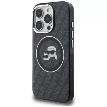 Karl Lagerfeld IML Glitter Karl & Choupette Heads Logo MagSafe Dėklas, skirtas Apple iPhone 16 Pro, juodas