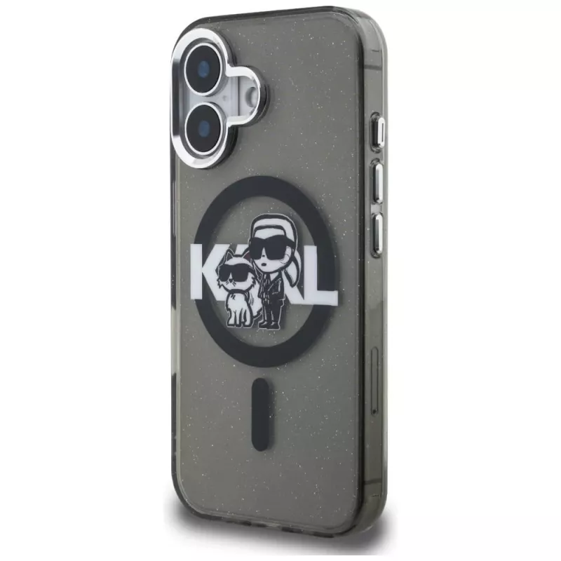 KARL LAGERFELD IML Glitter Karl & Choupette Sketch Logo MagSafe Case, iPhone 16, juoda