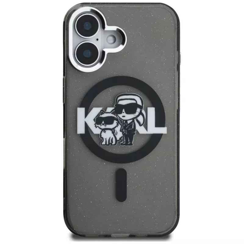 KARL LAGERFELD IML Glitter Karl & Choupette Sketch Logo MagSafe Case, iPhone 16, juoda
