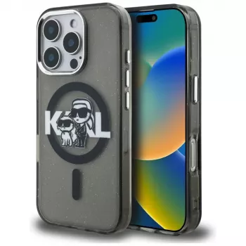 Karl Lagerfeld IML Glitter Karl & Choupette Sketch Logo MagSafe dėklas, skirtas iPhone 16 Pro Max, juodas