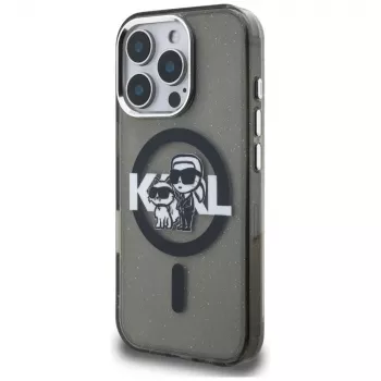 Karl Lagerfeld IML Glitter Karl & Choupette Sketch Logo MagSafe dėklas, skirtas iPhone 16 Pro Max, juodas