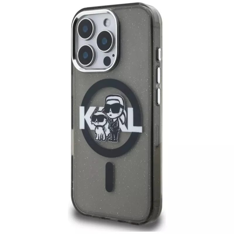Karl Lagerfeld IML Glitter Karl & Choupette Sketch Logo MagSafe dėklas, skirtas iPhone 16 Pro Max, juodas