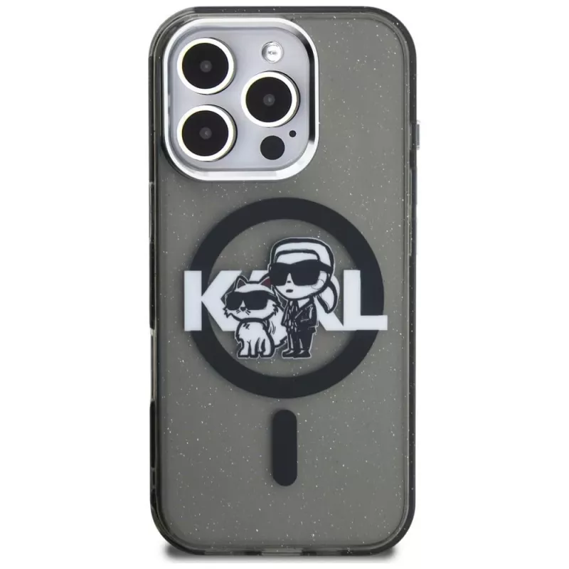 Karl Lagerfeld IML Glitter Karl & Choupette Sketch Logo MagSafe dėklas, skirtas iPhone 16 Pro Max, juodas