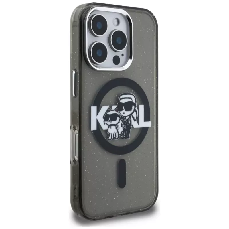 Karl Lagerfeld IML Glitter Karl & Choupette Sketch Logo MagSafe dėklas, skirtas iPhone 16 Pro Max, juodas