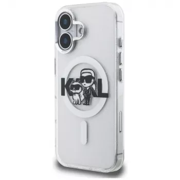 Karl Lagerfeld IML Glitter Karl & Choupette Sketch Logo MagSafe Dėklas, skirtas iPhone 16, Skaidrus