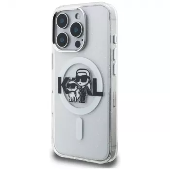 Karl Lagerfeld IML Glitter Karl & Choupette Sketch Logo MagSafe Dėklas, skirtas iPhone 16 Pro Max, permatomas