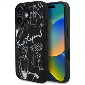 KARL LAGERFELD Grained Pattern & Logo MagSafe Dėklas iPhone 16, Juodas