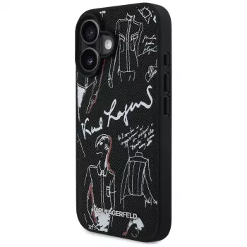 KARL LAGERFELD Grained Pattern & Logo MagSafe Dėklas iPhone 16, Juodas