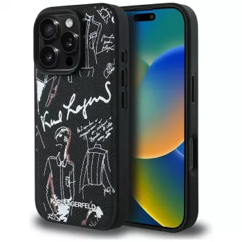 KARL LAGERFELD Grūdėto rašto ir logotipo MagSafe dėklas, skirtas iPhone 16 Pro Max, juodas