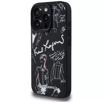 KARL LAGERFELD Grūdėto rašto ir logotipo MagSafe dėklas, skirtas iPhone 16 Pro Max, juodas