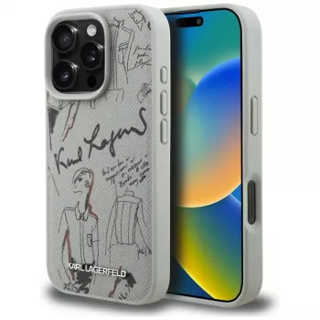 KARL LAGERFELD Grūdėto rašto ir logotipo MagSafe dėklas, skirtas Apple iPhone 16 Pro Max - Pilka