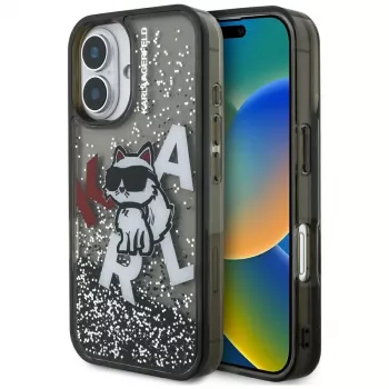 KARL LAGERFELD Liquid Glitter Choupette Logo Dėklas, iPhone 16, Juodas