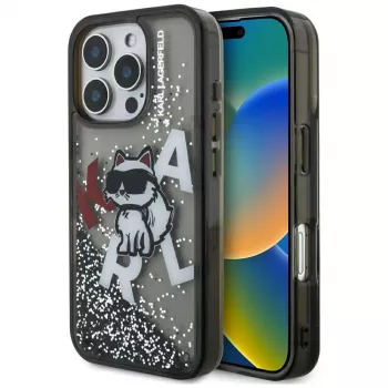 KARL LAGERFELD Liquid Glitter Choupette Logo Dėklas, iPhone 16 Pro, Juodas
