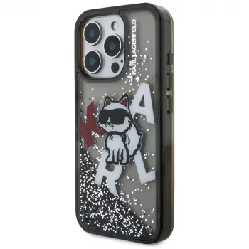 KARL LAGERFELD Liquid Glitter Choupette Logo Dėklas, iPhone 16 Pro, Juodas