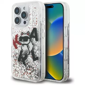 KARL LAGERFELD Liquid Glitter Choupette Logo Case, skirta iPhone 16 Pro, permatoma