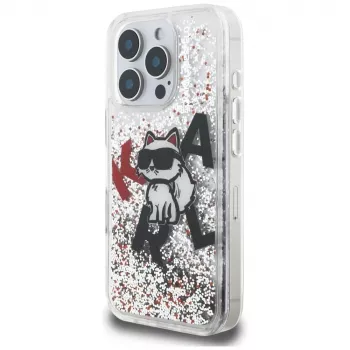 KARL LAGERFELD Liquid Glitter Choupette Logo Case, skirta iPhone 16 Pro, permatoma