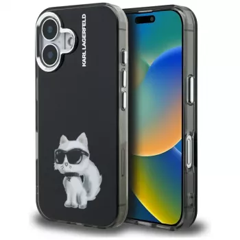 Karl Lagerfeld IML Aquarelle Choupette & Logo Dėklas, skirtas iPhone 16, juodas