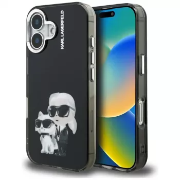 KARL LAGERFELD IML Aquarelle Karl & Choupette & Logo Back Cover, skirta Apple iPhone 16, juoda