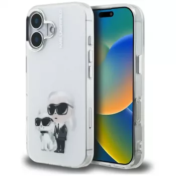 Karl Lagerfeld IML Aquarelle Karl & Choupette & Logo dėklas, skirtas Apple iPhone 16, baltas