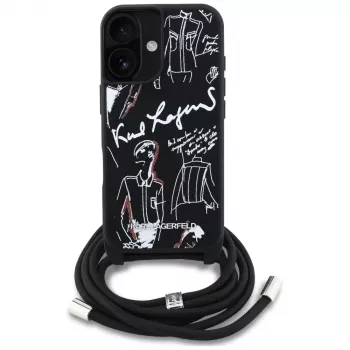 Karl Lagerfeld Crossbody GrainedPattern & Logo Dėklas, skirtas iPhone 16, juodas