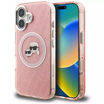 KARL LAGERFELD IML Glitter Karl & Choupette Heads Logo MagSafe Case, skirta Apple iPhone 16 - Rožinė