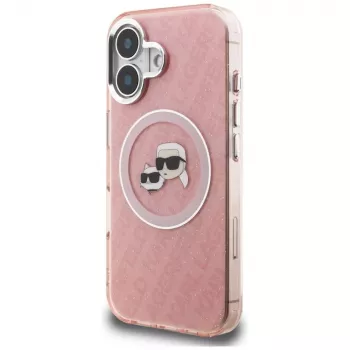 KARL LAGERFELD IML Glitter Karl & Choupette Heads Logo MagSafe Case, skirta Apple iPhone 16 - Rožinė